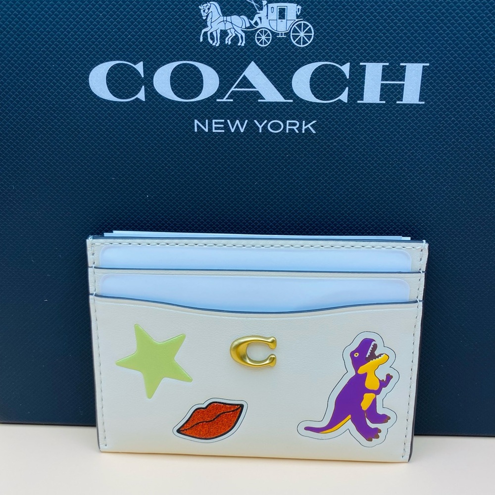 Coach Essential Card Case with Sticker Print Brass/Chalk Multi